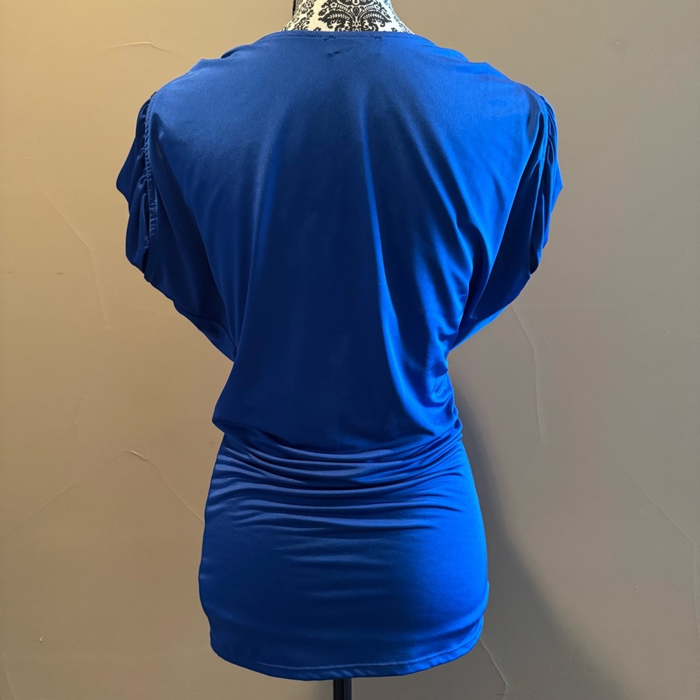 Bebe Blue Sleeveless Ruched Ruffled Blouse - Picture 2 of 4